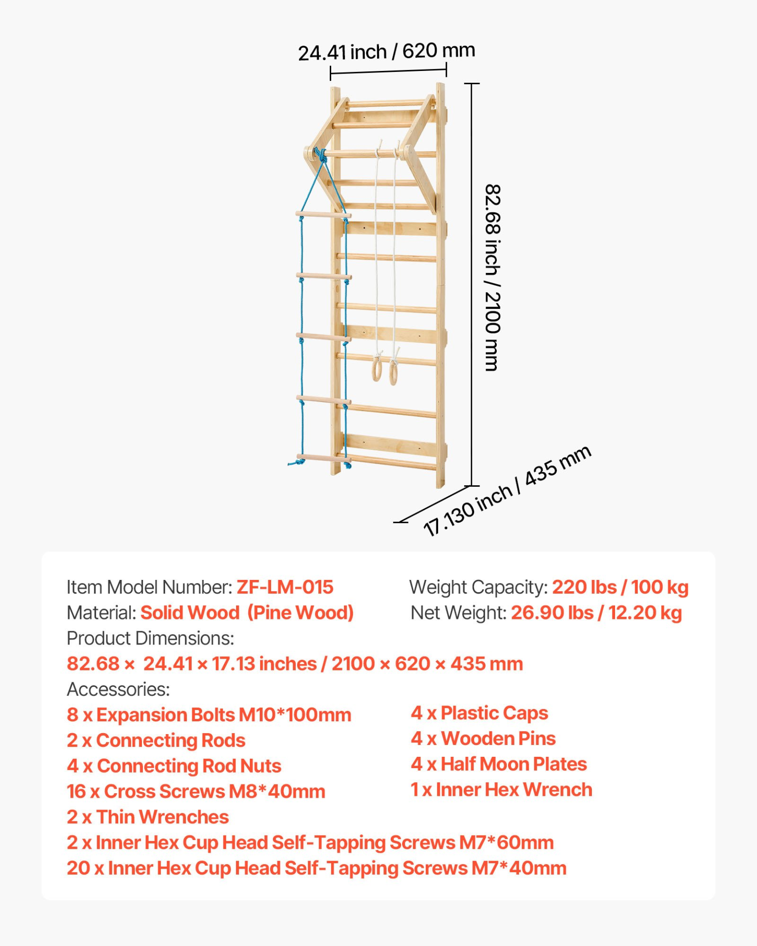 Wooden Swedish Wall Gym Climbing Set – 4-in-1 Indoor Jungle Gym for Kids