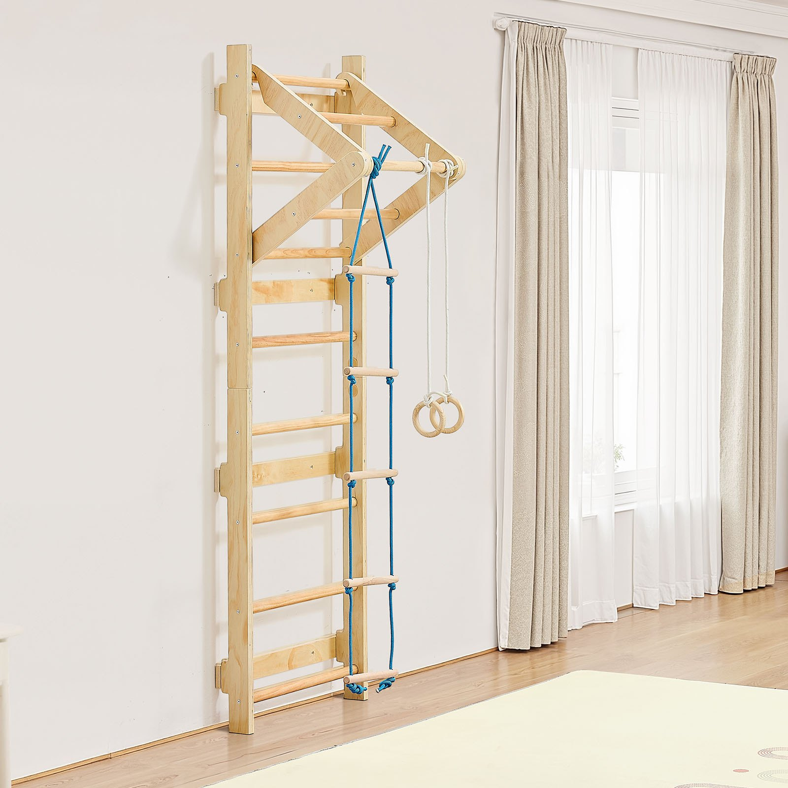 Wooden Swedish Wall Gym Climbing Set – 4-in-1 Indoor Jungle Gym for Kids