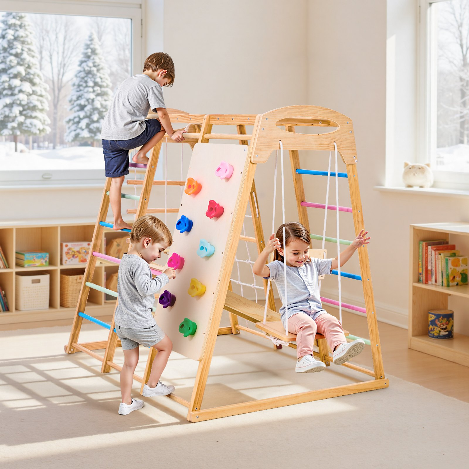 9-in-1 Wooden Indoor Jungle Gym – Montessori Climbing Playset for Kids