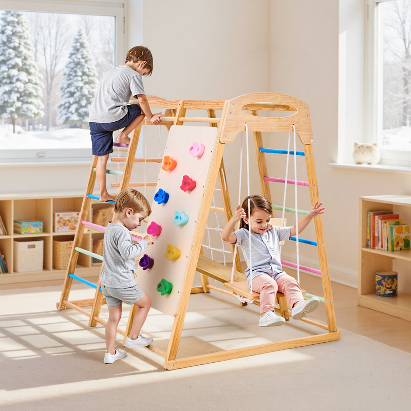 9-in-1 Wooden Indoor Jungle Gym – Montessori Climbing Playset for Kids