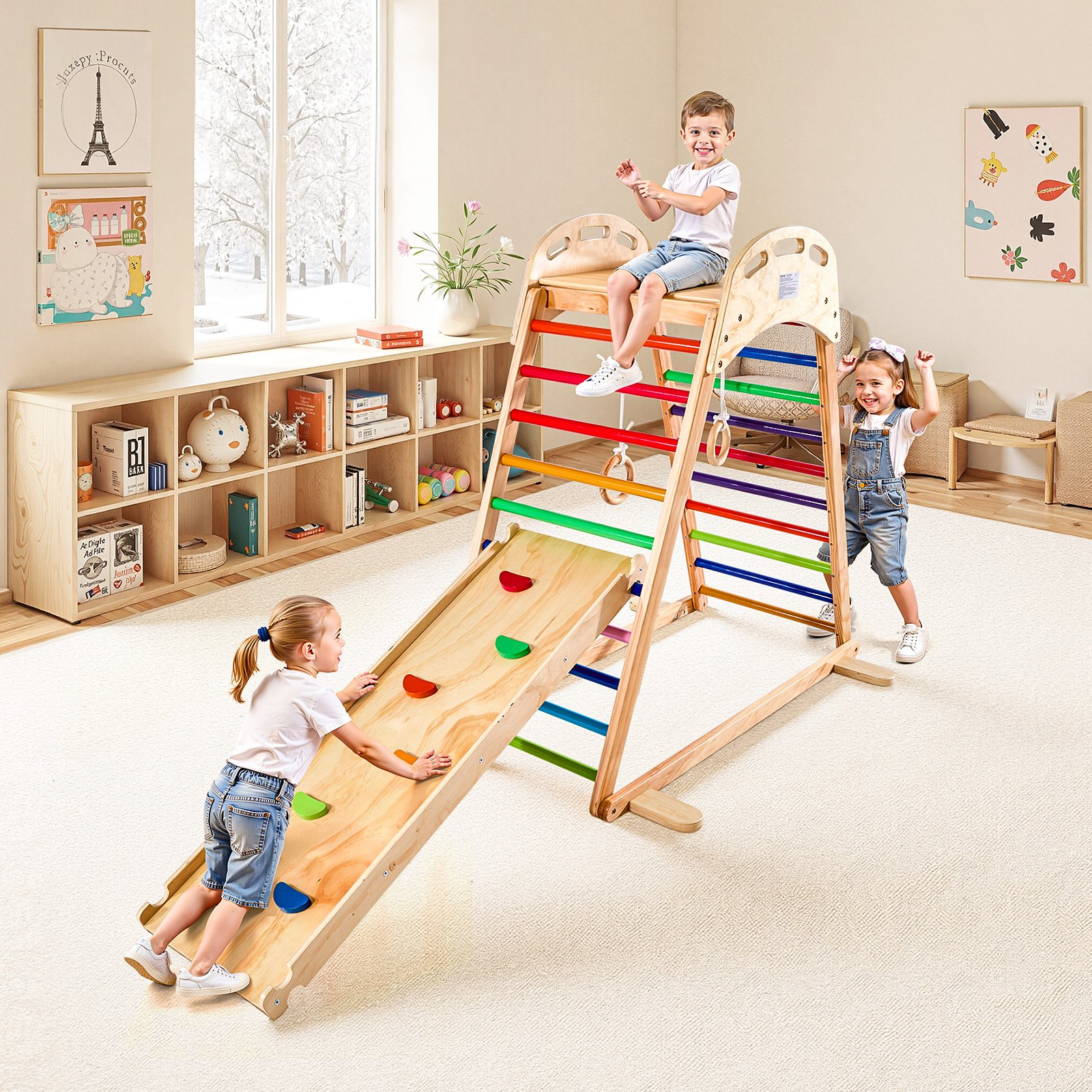 Wooden Indoor Jungle Gym Playset – 4-in-1 Montessori Climbing Set for Kids