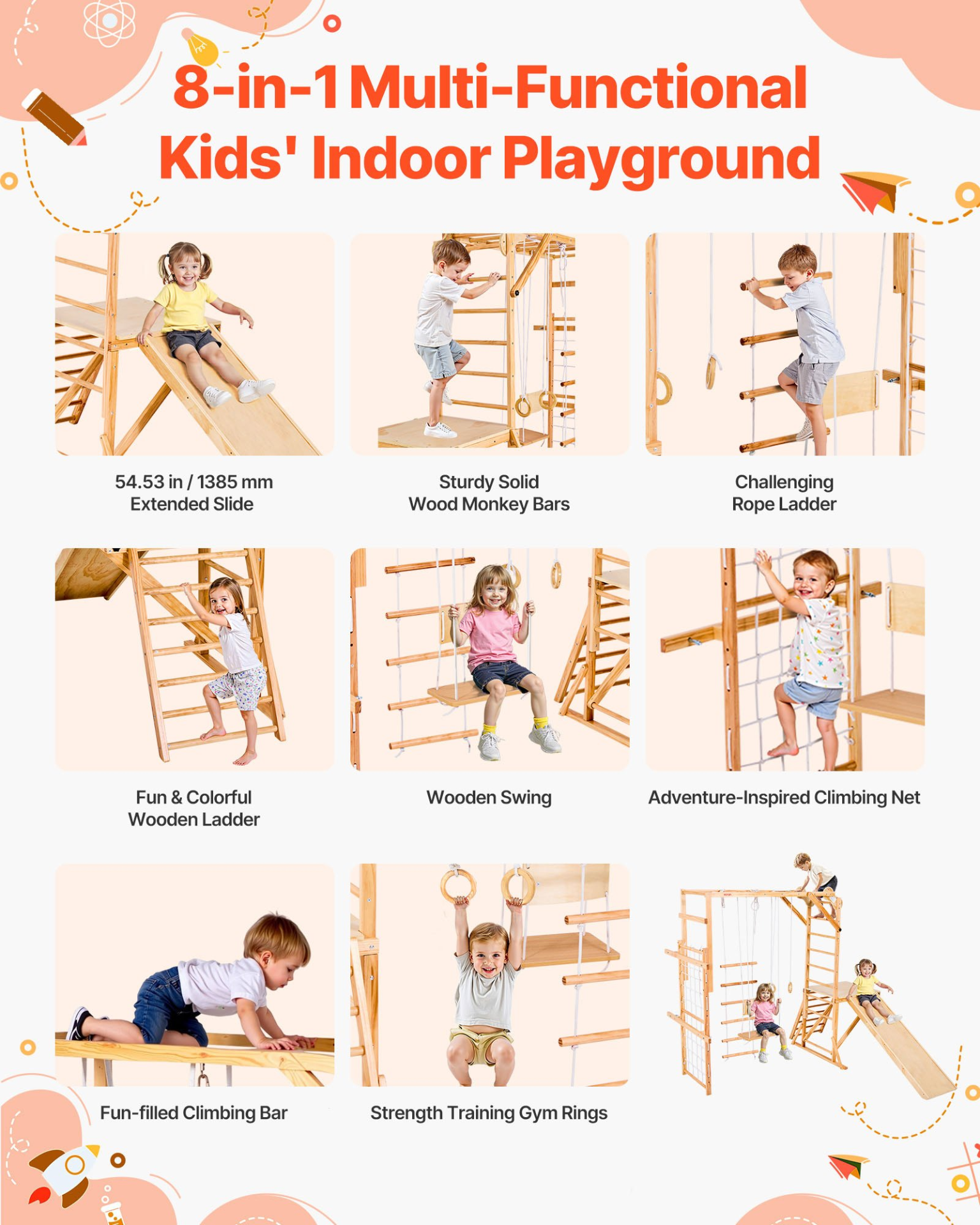 Wooden Indoor Jungle Gym Playground Set – 8-in-1 Montessori Climbing Playset for Kids