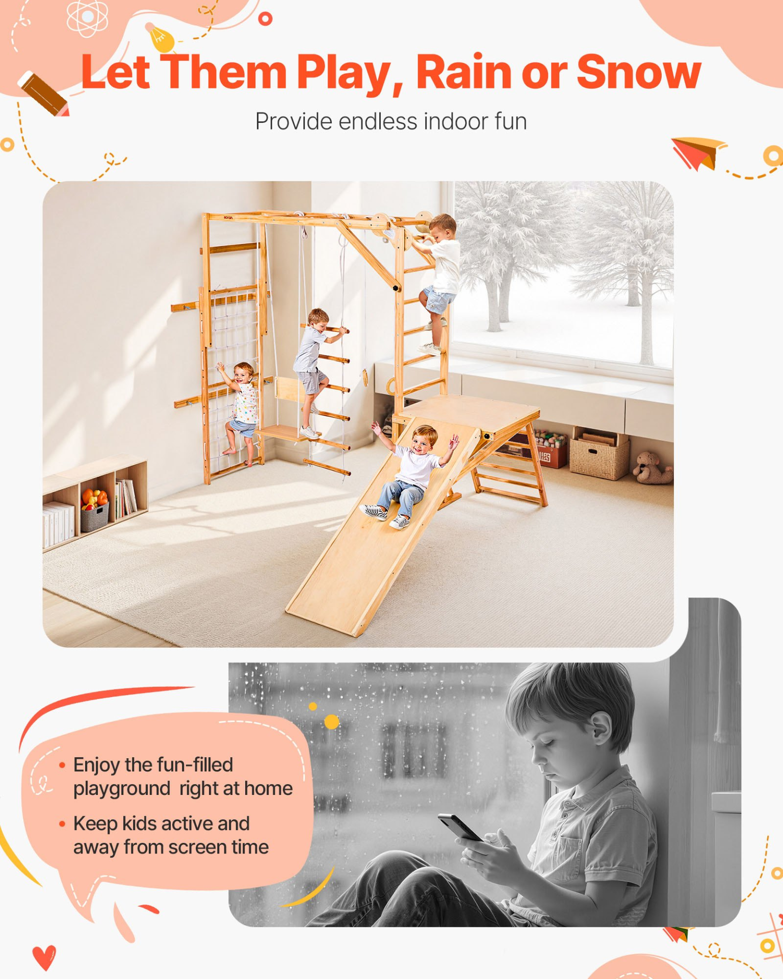 Wooden Indoor Jungle Gym Playground Set – 8-in-1 Montessori Climbing Playset for Kids
