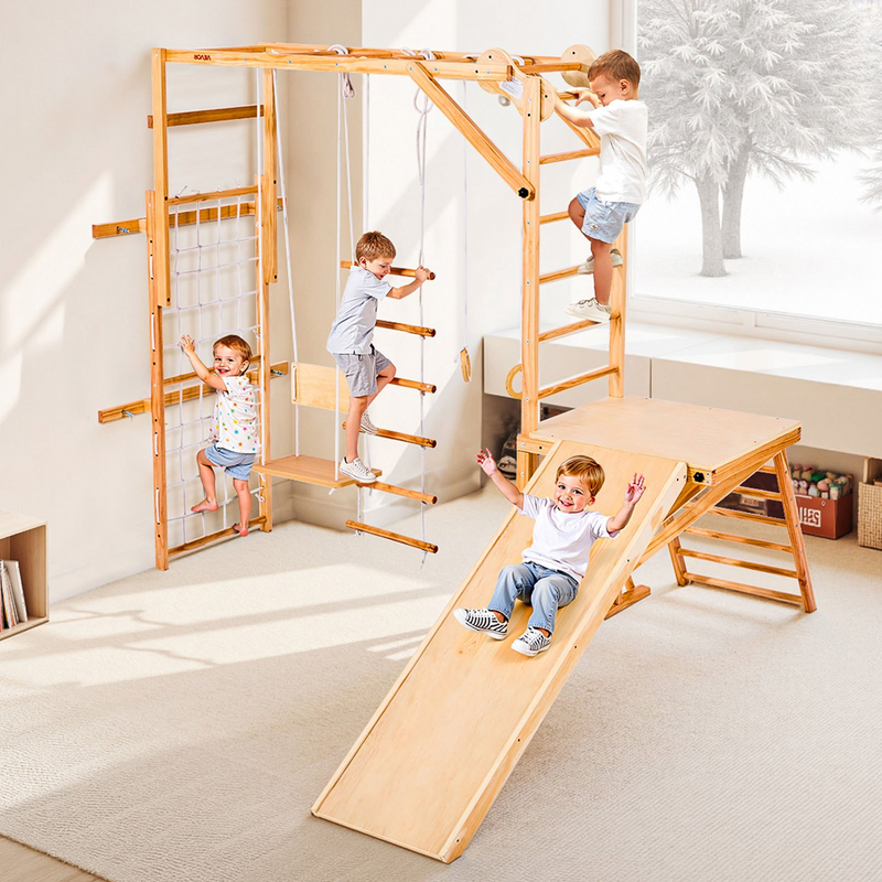 Wooden Indoor Jungle Gym Playground Set – 8-in-1 Montessori Climbing Playset for Kids
