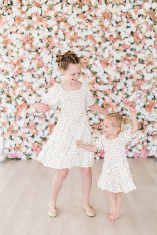 🌼 MarigoldBloom Smocked Ruffle Dress ✨ – Bright & Beautiful Floral Dress for Girls