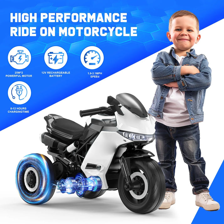 12V Motorcycle for Kids, Electric Motorcycle with 3 Wheels&Music ,Ride on Toys for Boy Girl