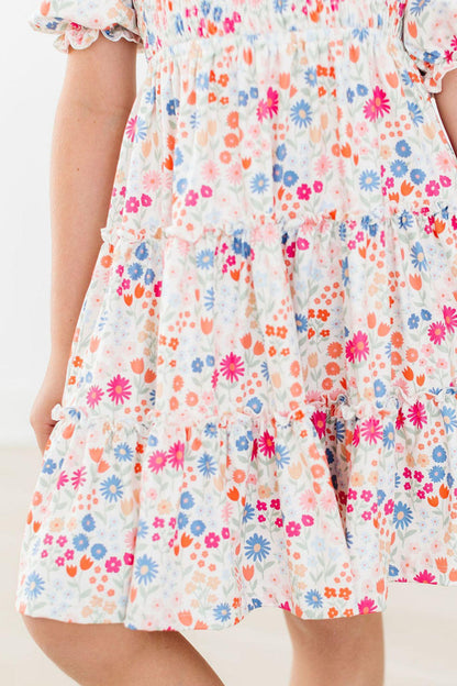 🌿 MeadowMagic Smocked Ruffle Dress ✨ – Whimsical Floral Charm for Little Girls