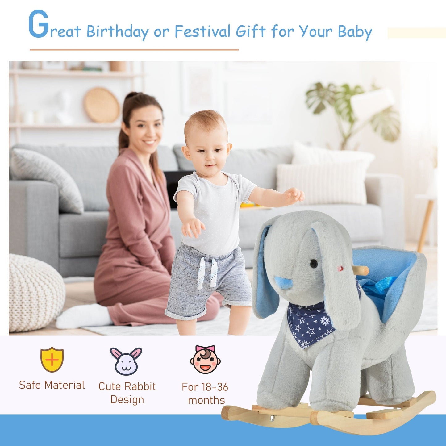 Kids Ride-On Rocking Horse Toy Bunny Rocker with Fun Play Music & Soft Plush Fabric for Children 18-36 Months - The Little Big Store