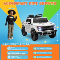 12V Licensed Ford F-150 Raptor Electric Car for Kids, Toddler Ride on Truck W/Remote Control, Kids Ride on Toys W/Led Lights, Bluetooth, Radio, Seat Belt, Soft Start, Rear Storage (White)