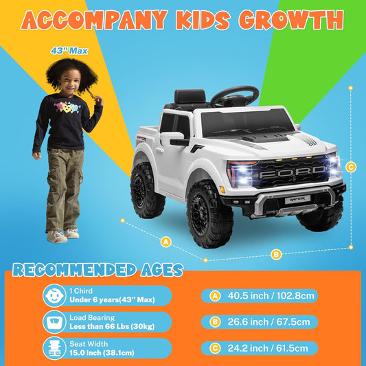 12V Licensed Ford F-150 Raptor Electric Car for Kids, Toddler Ride on Truck W/Remote Control, Kids Ride on Toys W/Led Lights, Bluetooth, Radio, Seat Belt, Soft Start, Rear Storage (White)
