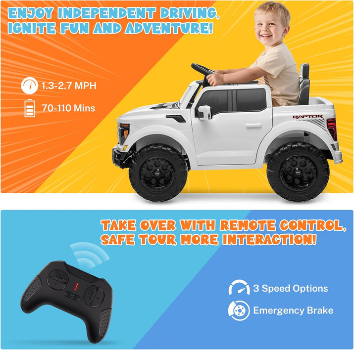 12V Licensed Ford F-150 Raptor Electric Car for Kids, Toddler Ride on Truck W/Remote Control, Kids Ride on Toys W/Led Lights, Bluetooth, Radio, Seat Belt, Soft Start, Rear Storage (White)