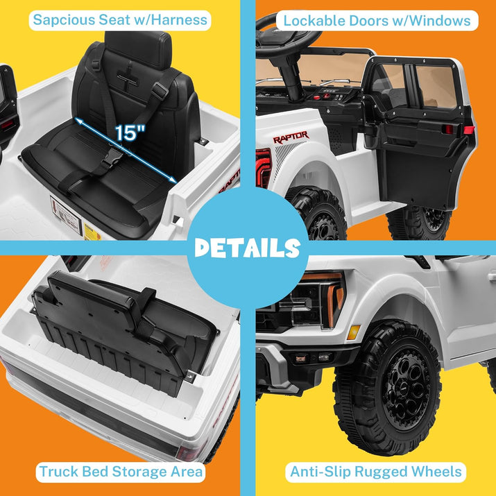 12V Licensed Ford F-150 Raptor Electric Car for Kids, Toddler Ride on Truck W/Remote Control, Kids Ride on Toys W/Led Lights, Bluetooth, Radio, Seat Belt, Soft Start, Rear Storage (White)