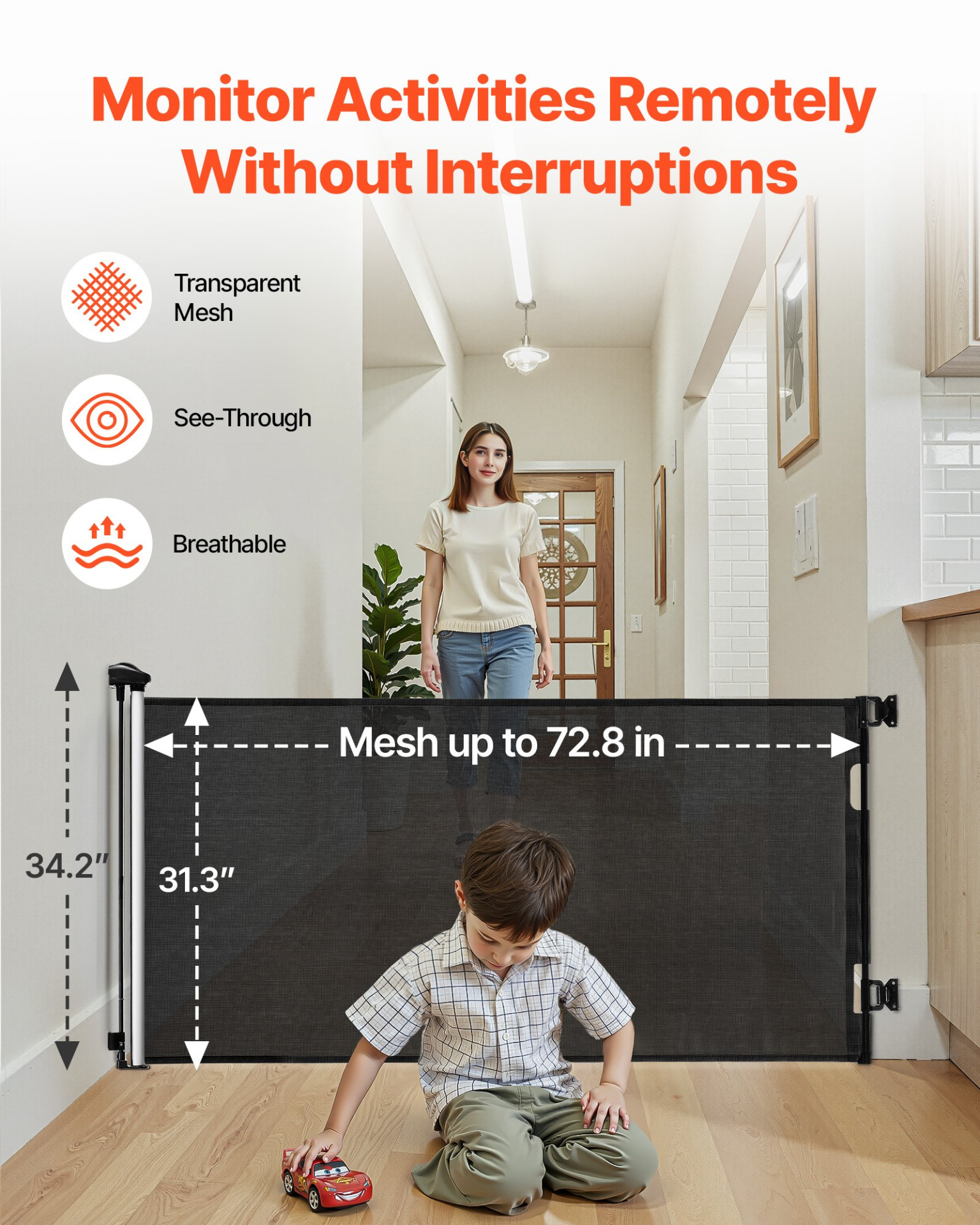 Retractable Baby Safety Gate – Extra Wide Mesh Stair & Doorway Barrier Extends to 72.8 inch