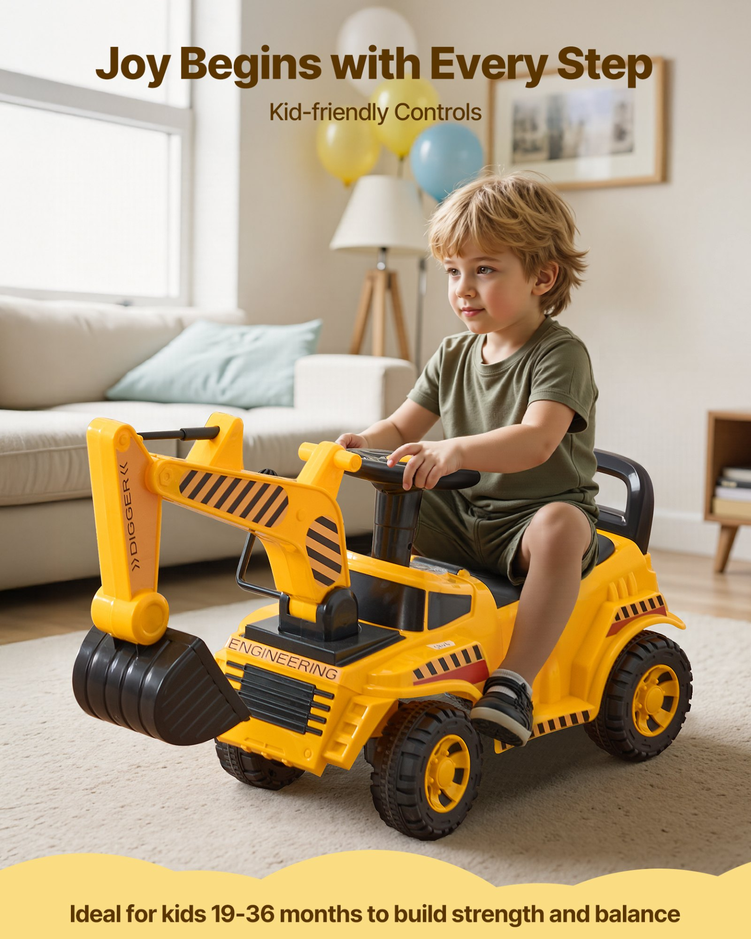 VEVOR Ride On Toddler Car, Push Car for Toddler 19 to 36 Months, Excavator Digger Toy with Helmet & Music, 55 lbs Load Capacity, Foot-to-Floor Walker for Kids, Yellow
