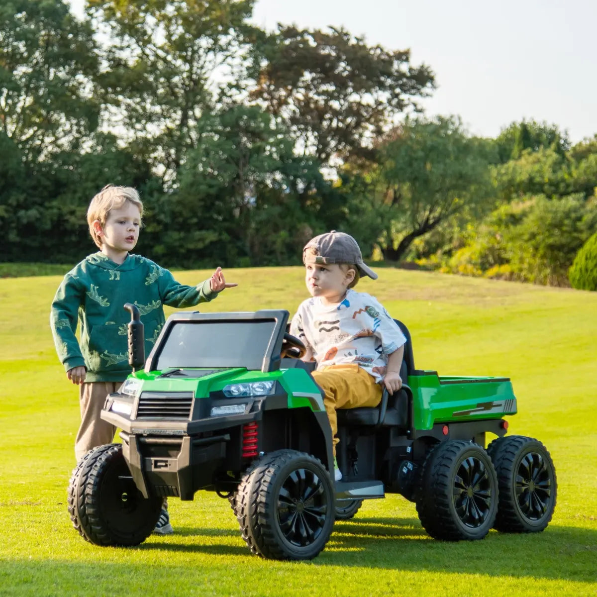 🚜 Freddo Titan™ 24V 6-Wheeler Tractor Trailer – 2-Seater Ride-On with Dump Cart & Parental Remote