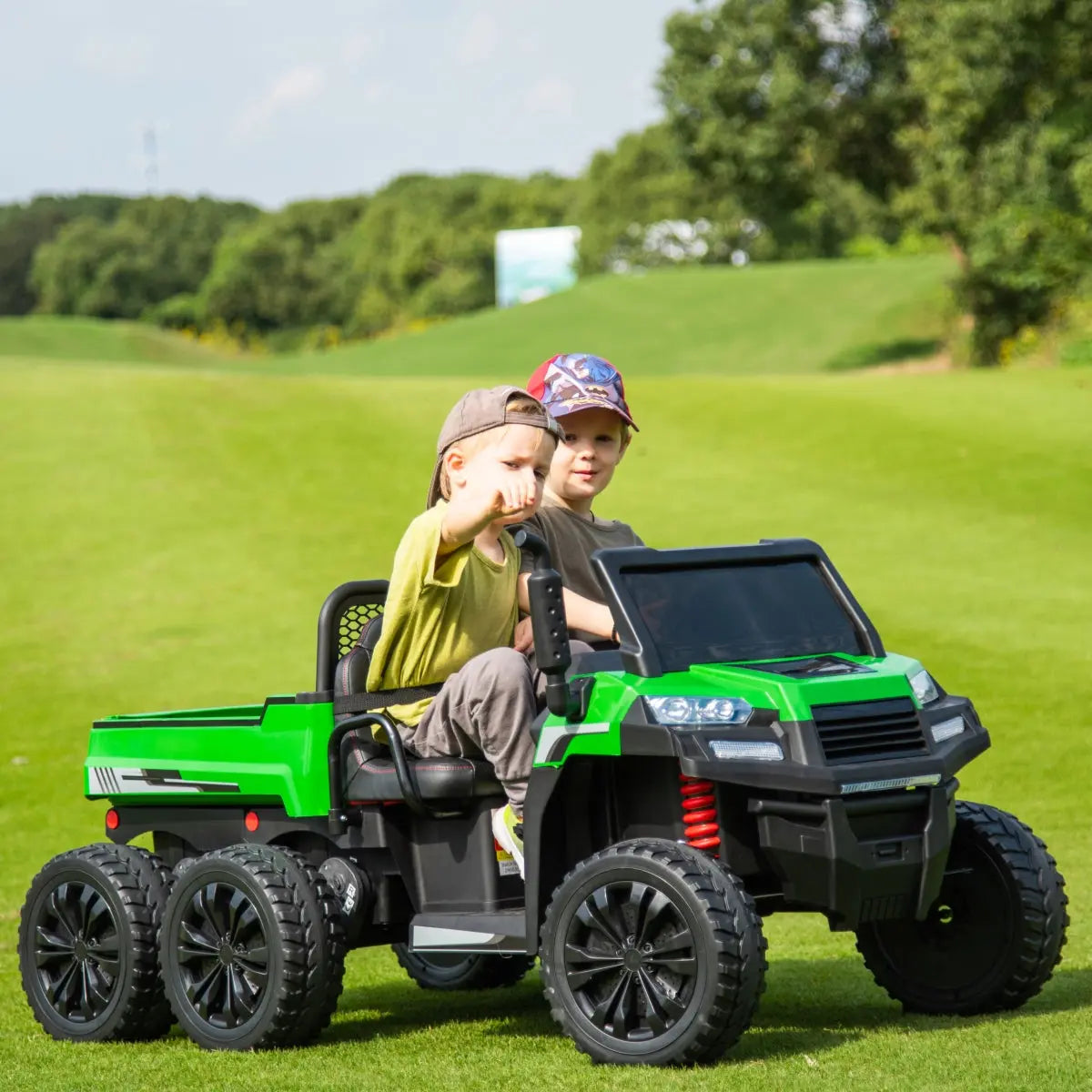 🚜 Freddo Titan™ 24V 6-Wheeler Tractor Trailer – 2-Seater Ride-On with Dump Cart & Parental Remote