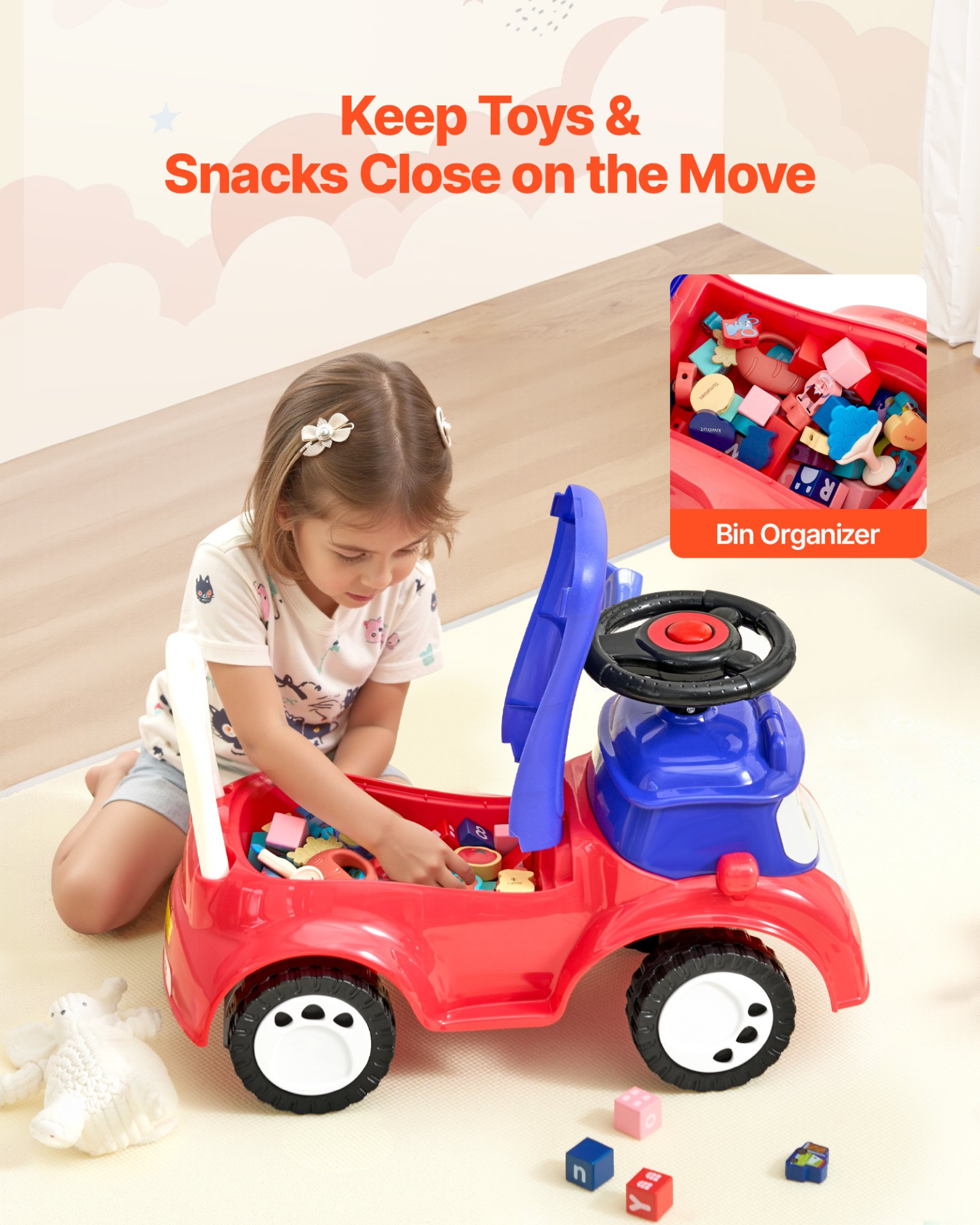 VEVOR Ride On Toddler Push Car, Push Car for Toddler 19 to 36 Months, Kids Ride On Toy with Music & Under-seat Storage, 55 lbs Load Capacity, Foot-to-Floor Walker for Toddlers Boys Girls, Red