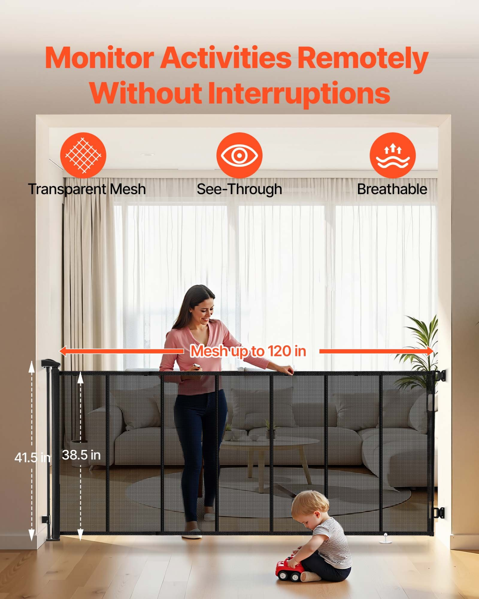 Retractable Baby Gate 120" Extra Wide, 38.5" Tall – Reinforced Mesh Safety Gate for Stairs, Doorways & Decks