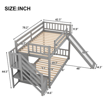 Twin over Twin Bunk Bed with Convertible Slide and Stairway, Gray - The Little Big Store