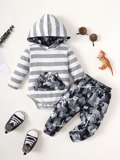 Children's Striped Hooded Bodysuit and Camouflage Pants Set - The Little Big Store