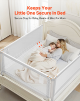 Woman holding a baby in a bed with a safety rail, text 'Keeps Your Little One Secure in Bed'.