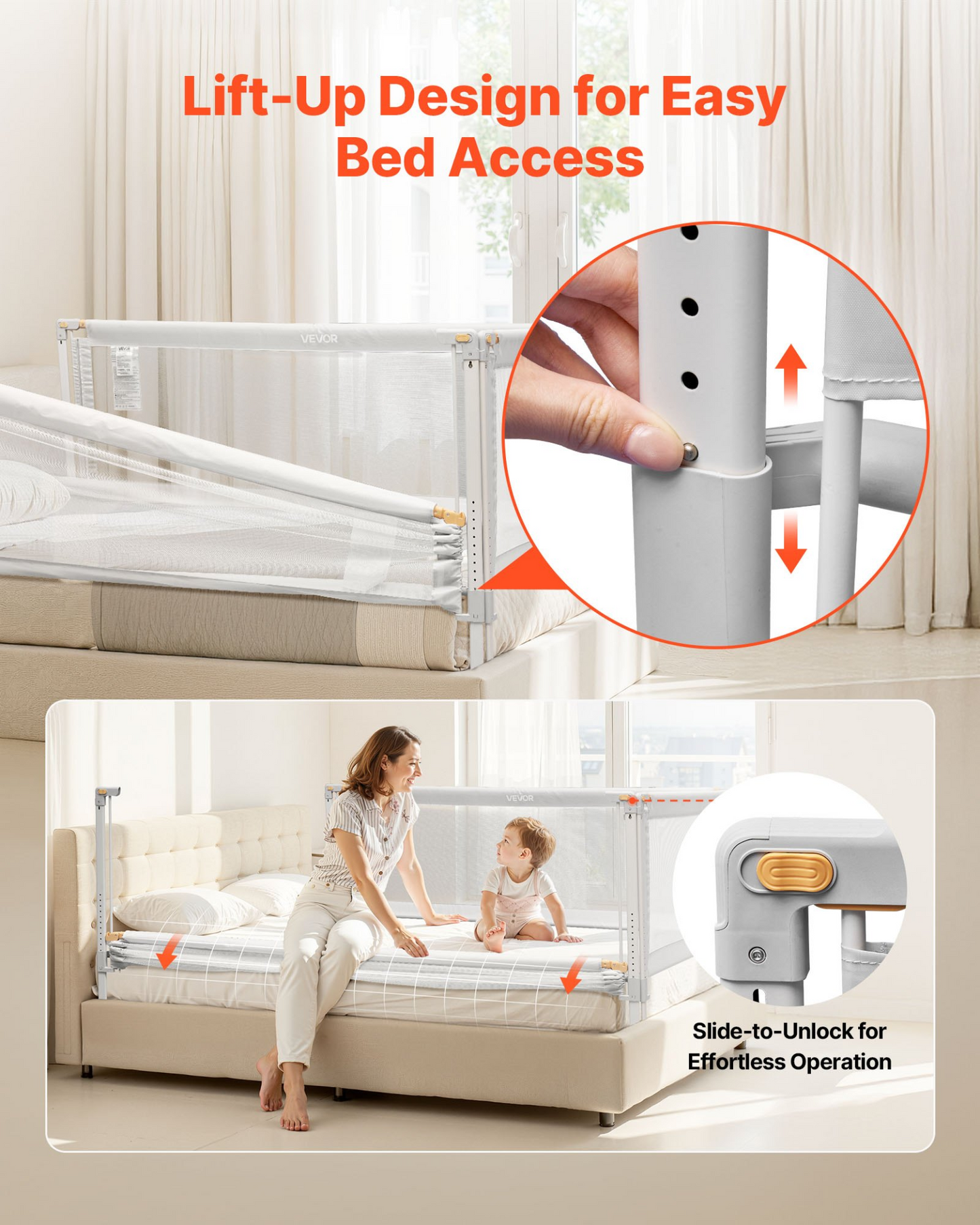 Bed rail with lift-up design for easy bed access, showing a woman and child in a bedroom setting.