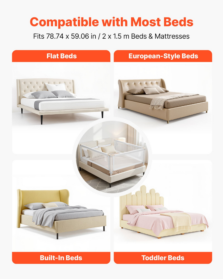 Bedding product compatibility with various types of beds on a white background