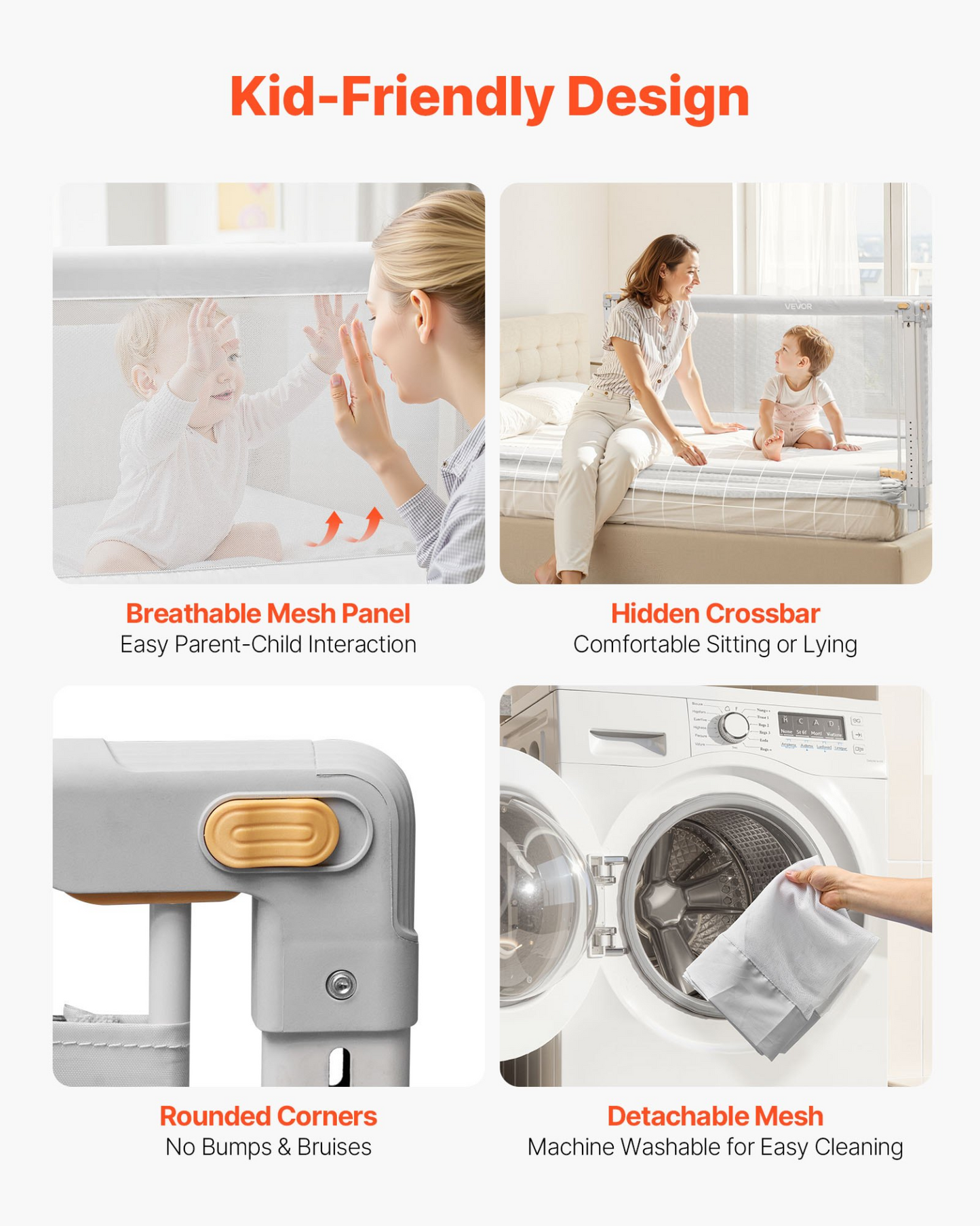 Product features with text highlighting 'Kid-Friendly Design' on a white background.