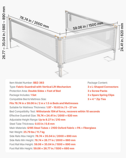 Fabric guardrail with vertical lift mechanism for beds, showing dimensions and specifications.