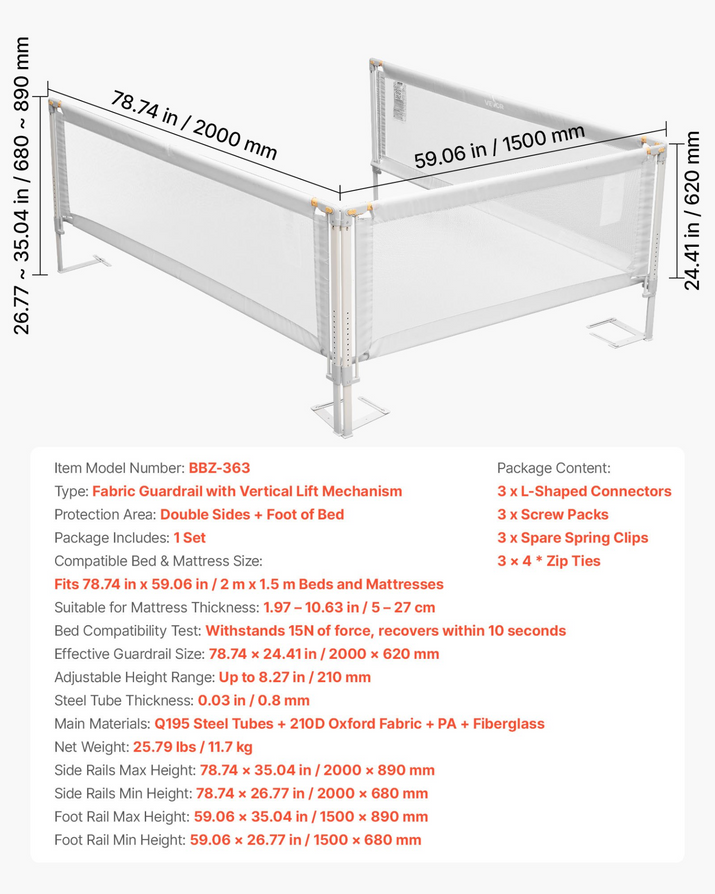 Fabric guardrail with vertical lift mechanism for beds, showing dimensions and specifications.