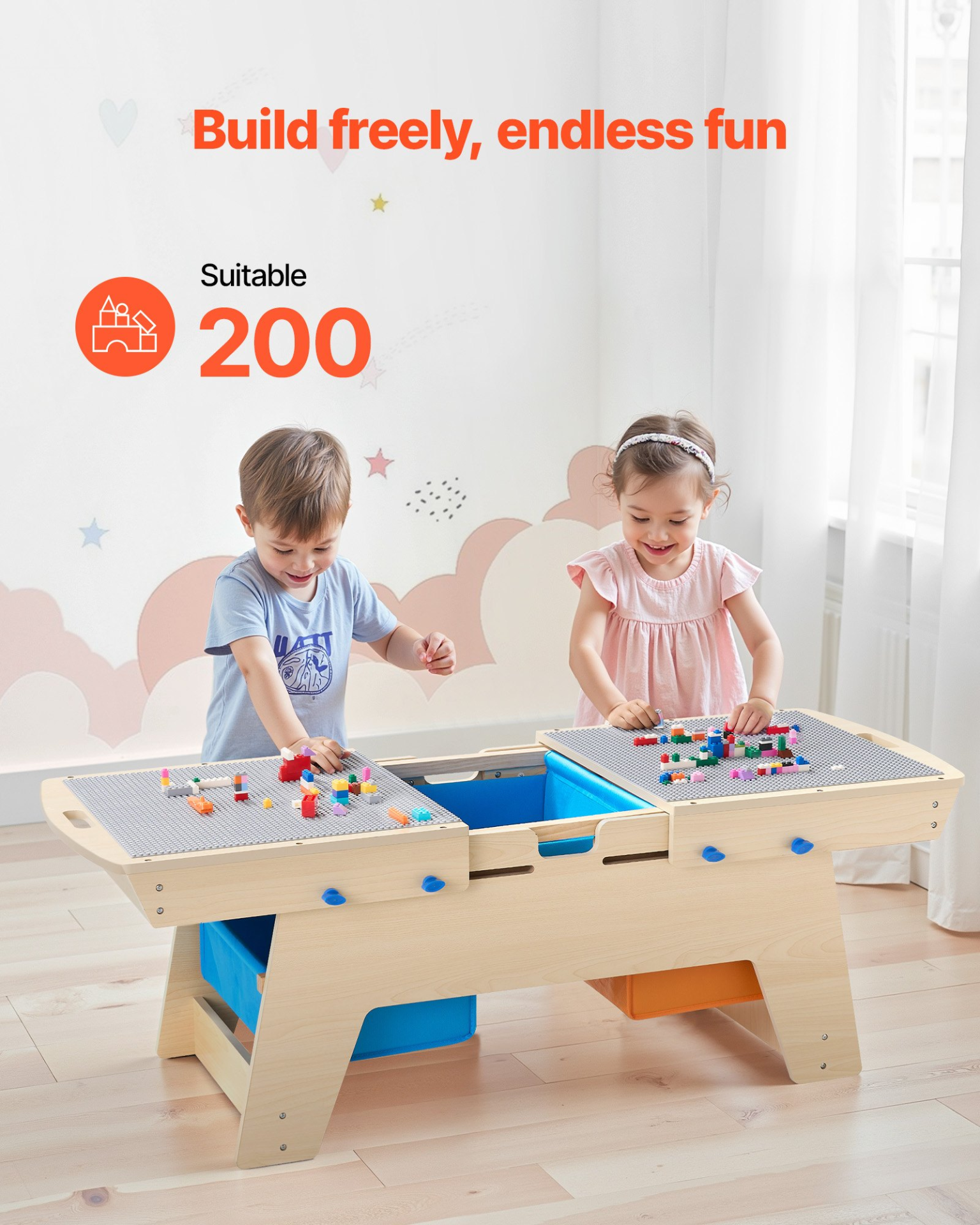 Reversible Wooden Activity Table with 200 Building Bricks