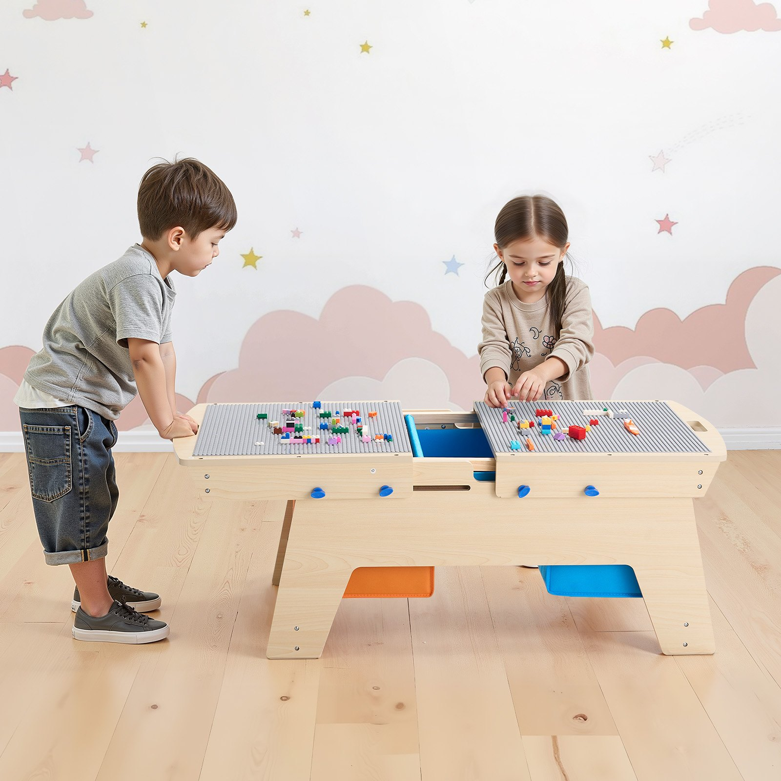 Reversible Wooden Activity Table with 200 Building Bricks