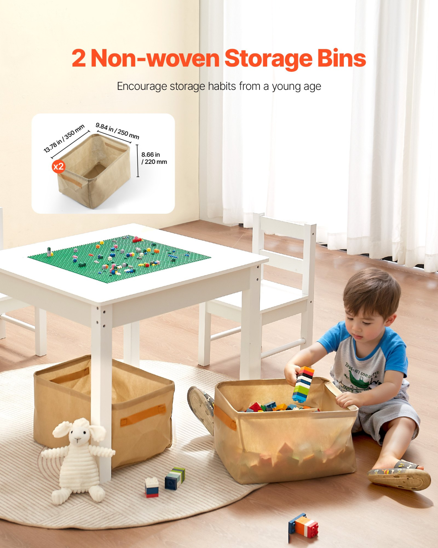Kids Activity Table and 2 Chairs Set with Storage – Building Blocks Play Desk (White)
