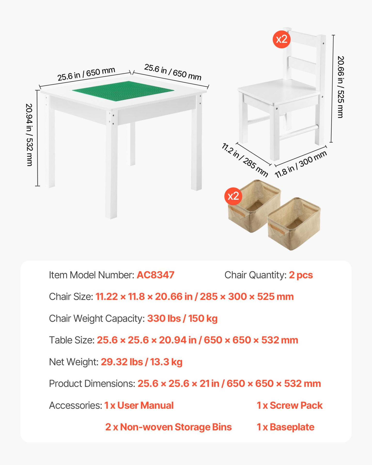 Kids Activity Table and 2 Chairs Set with Storage – Building Blocks Play Desk (White)