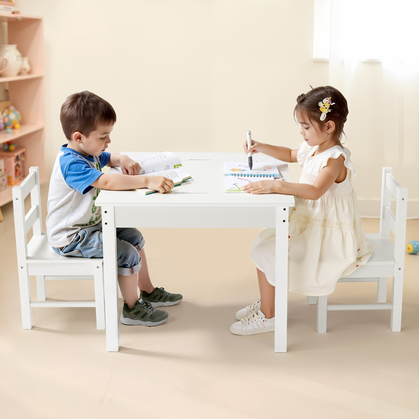Kids Activity Table and 2 Chairs Set with Storage – Building Blocks Play Desk (White)