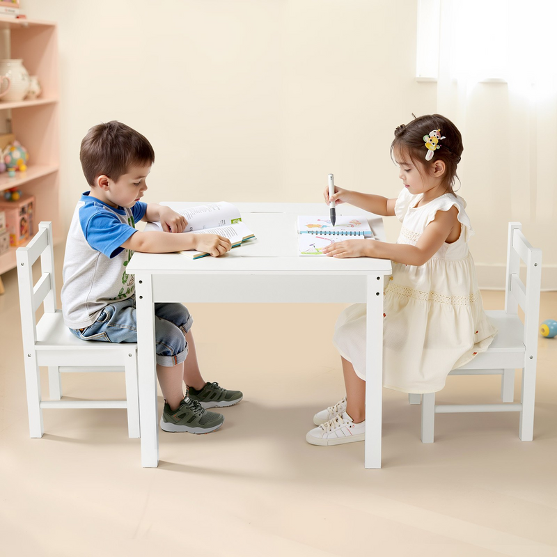 Kids Activity Table and 2 Chairs Set with Storage – Building Blocks Play Desk (White)
