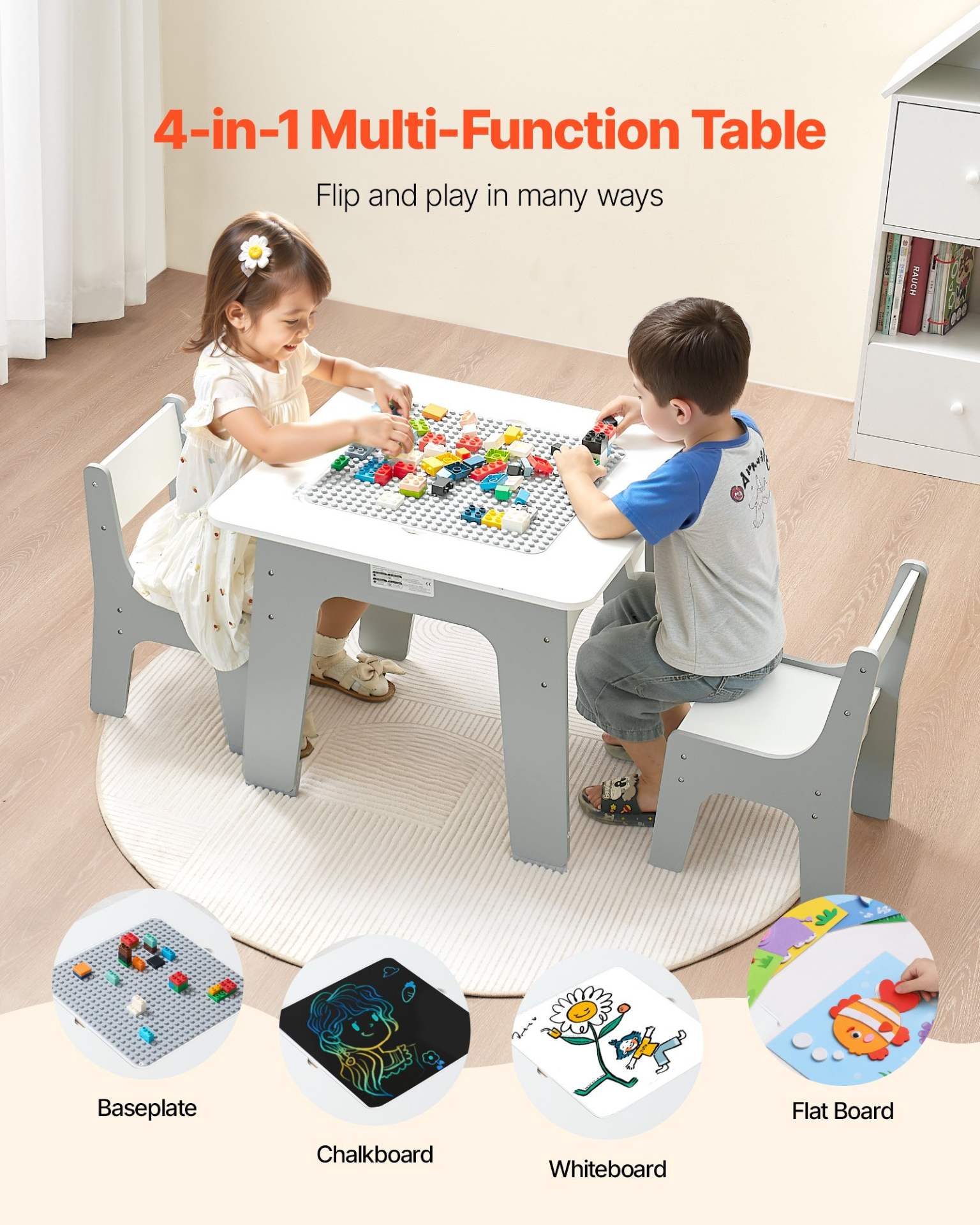 PlayZone™ 4-in-1 Kids Activity Table & 2 Chairs Set – Double-Sided Graffiti & Building Block Table with Storage, Ages 3+