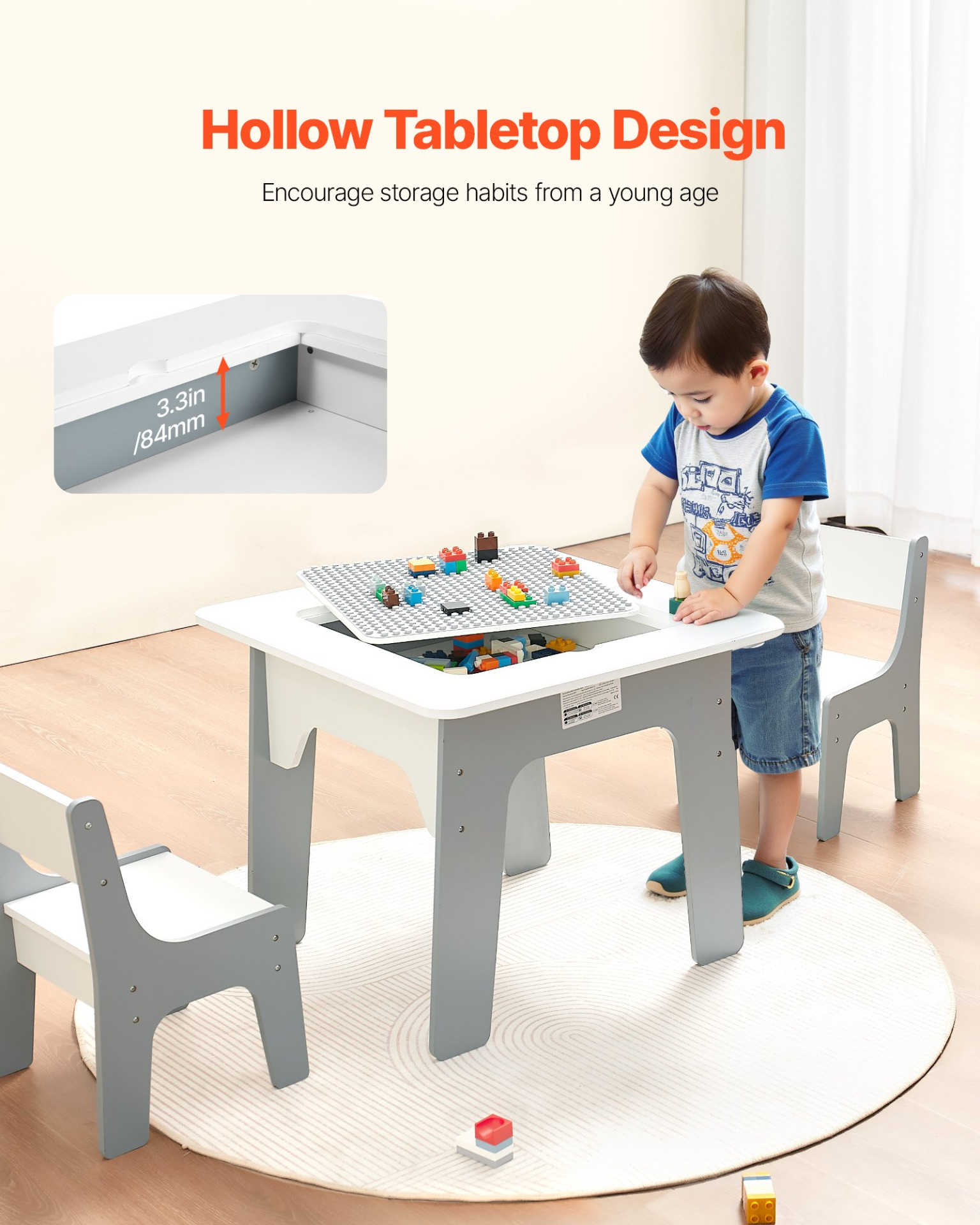 PlayZone™ 4-in-1 Kids Activity Table & 2 Chairs Set – Double-Sided Graffiti & Building Block Table with Storage, Ages 3+