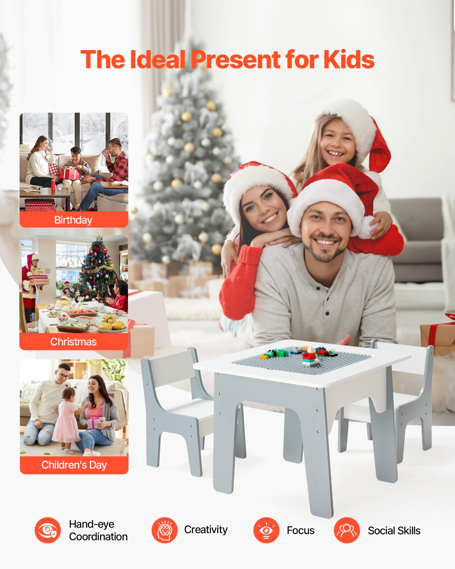 PlayZone™ 4-in-1 Kids Activity Table & 2 Chairs Set – Double-Sided Graffiti & Building Block Table with Storage, Ages 3+