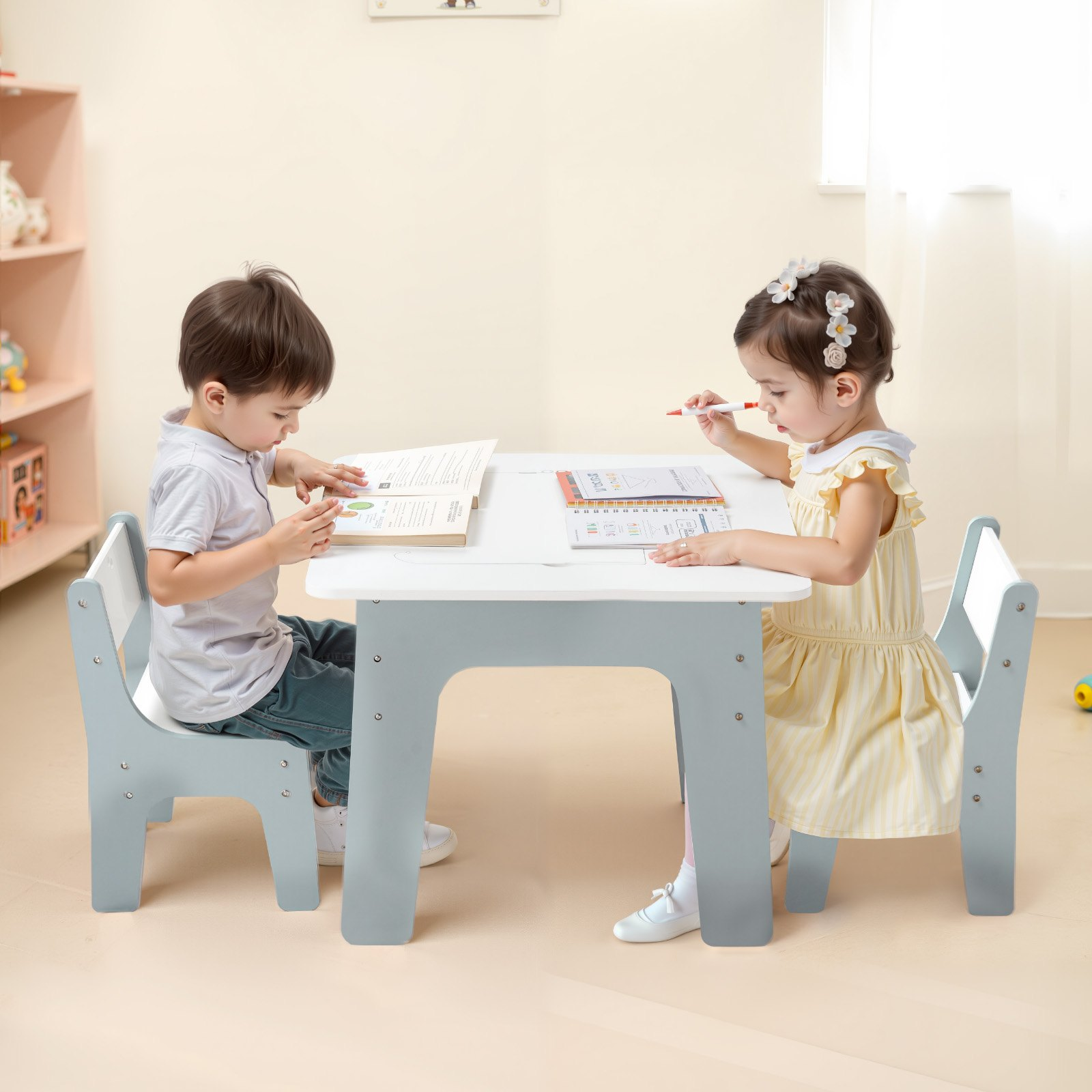 PlayZone™ 4-in-1 Kids Activity Table & 2 Chairs Set – Double-Sided Graffiti & Building Block Table with Storage, Ages 3+