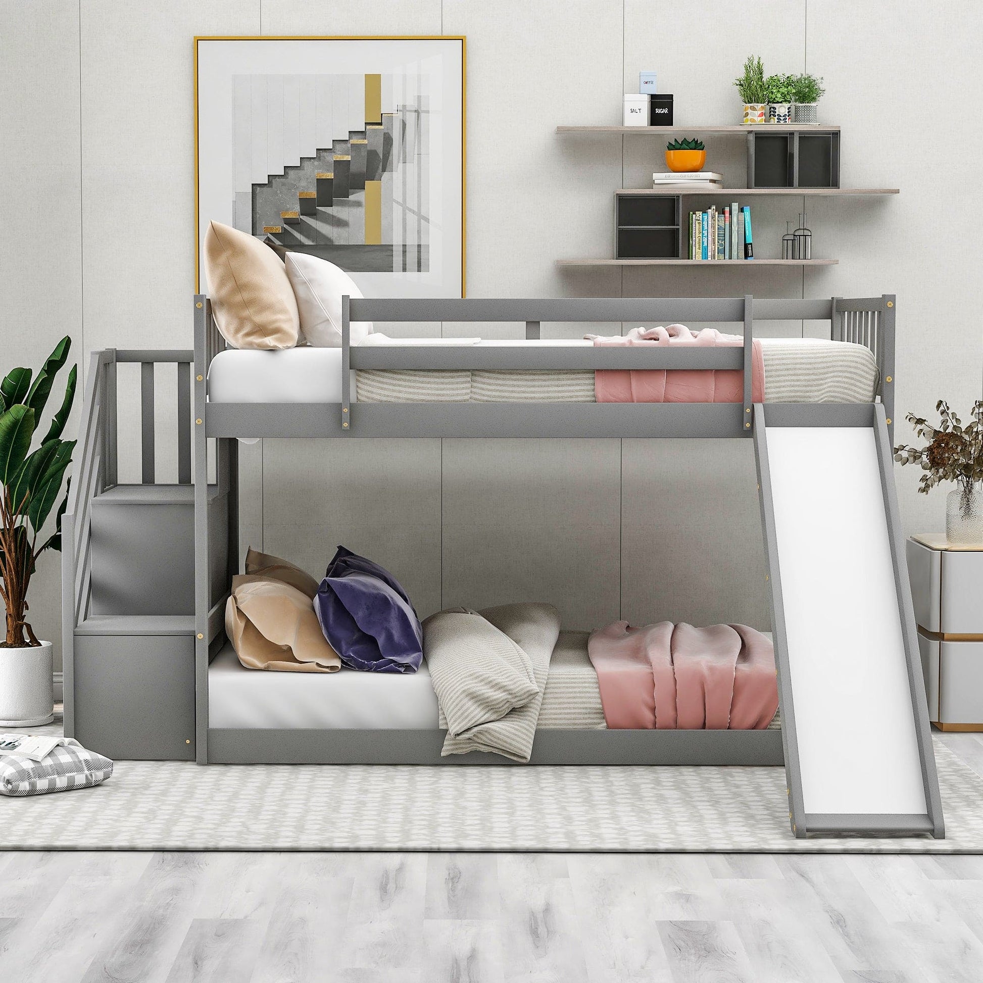 Twin over Twin Bunk Bed with Convertible Slide and Stairway, Gray - The Little Big Store