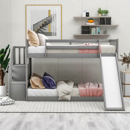 Twin over Twin Bunk Bed with Convertible Slide and Stairway, Gray - The Little Big Store