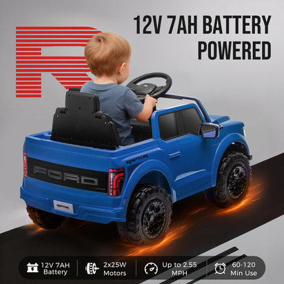 12V Ride on Cars with Remote Control, Licensed Ford F 150 Raptor Powered Ride on Toys with Bluetooth, Radio, LED Light, 4 Wheels Suspension, Kids Cars Electric Vehicles for Boys Girls Ages 3-6, Blue