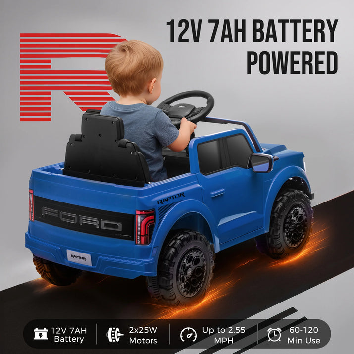 12V Ride on Cars with Remote Control, Licensed Ford F 150 Raptor Powered Ride on Toys with Bluetooth, Radio, LED Light, 4 Wheels Suspension, Kids Cars Electric Vehicles for Boys Girls Ages 3-6, Blue