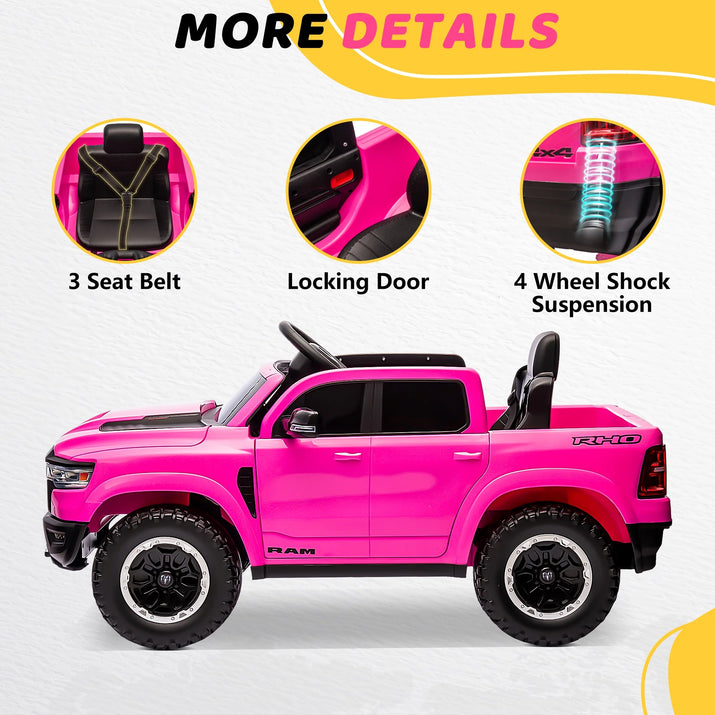 RAM 1500 Ride on Car Toy for Kids, 12V Powered Ride on Truck Toy with Remote Control, 4 Wheel Suspension, Safety Belt, Music, Bluetooth, LED Lights, Electric Cars for 3-5 Yrs Boy Girl, Pink