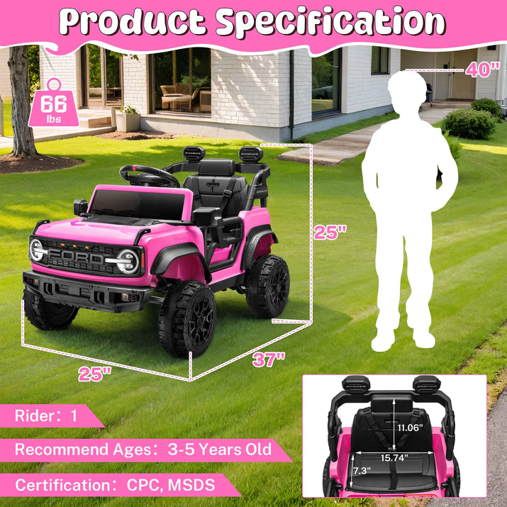Ford Bronco Raptor Electric Ride on Toy Car for Toddler Kids, 12V Battery Powered Ride on Cars W/Remote Control, Bluetooth & Lights, Pink