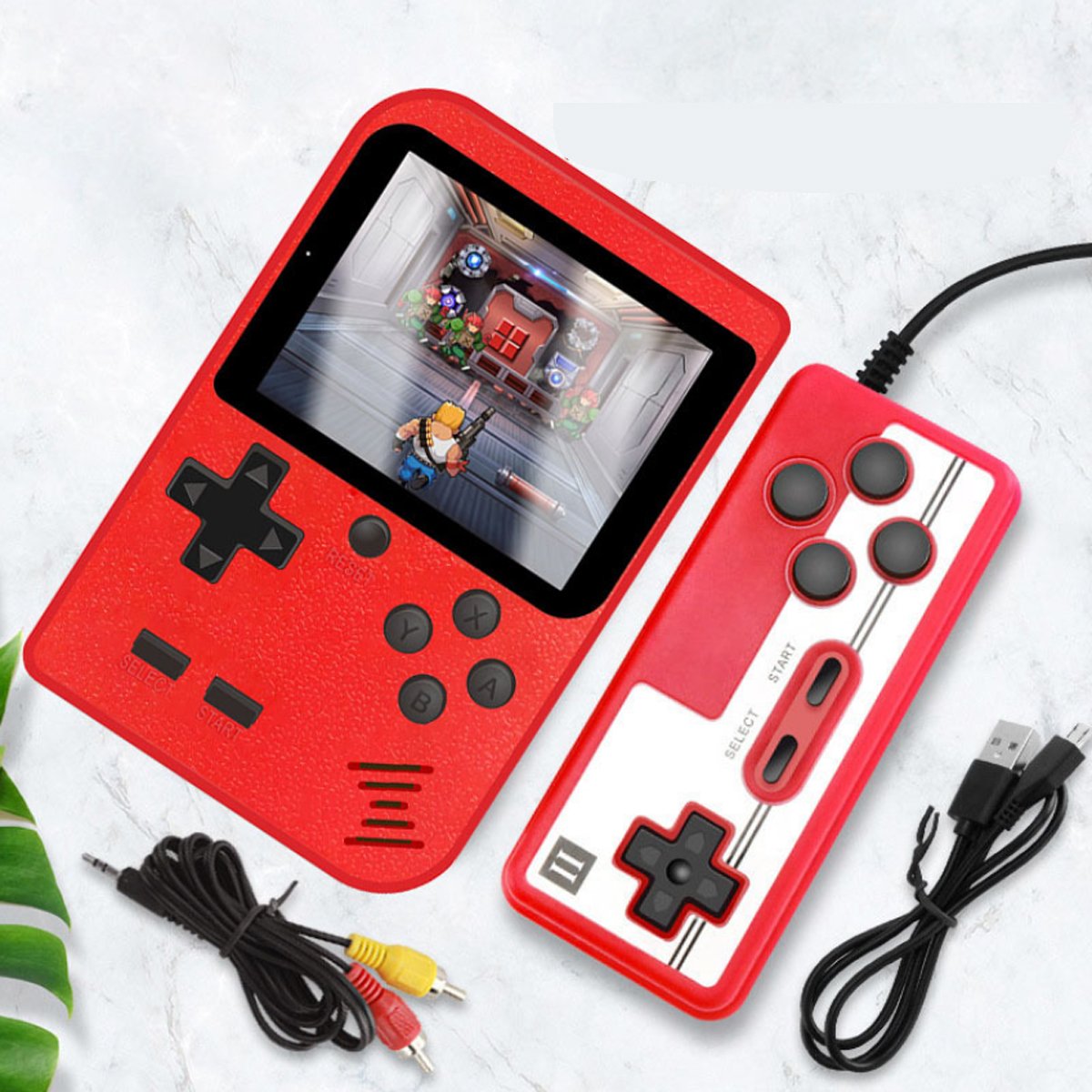 Red handheld game console with attached controller on a light background
