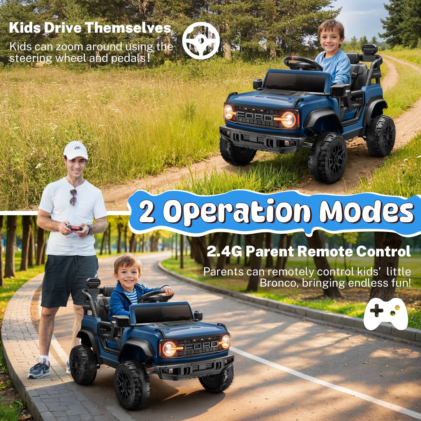 Ford Bronco Raptor Electric Ride on Toy Car for Toddler Kids, 12V Battery Powered Ride on Cars W/Remote Control, Bluetooth & Lights, Blue