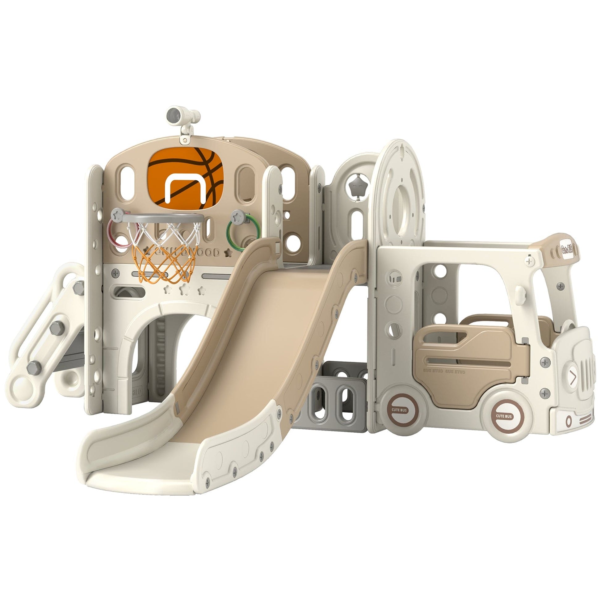 Qaba 9 in 1 Toddler Slide, Indoor Slide for Kids Ages 1-6, Car Themed Baby Slide with Basketball Hoop, Climber, Storage Space, Ring Toss, Telescope, Tunnel, Cream White - The Little Big Store