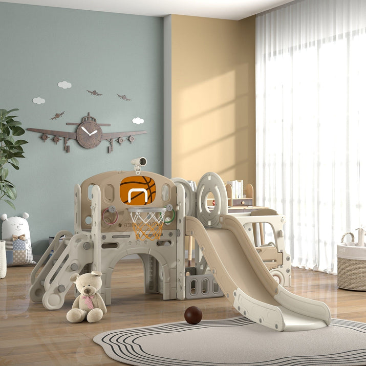 Qaba 9 in 1 Toddler Slide, Indoor Slide for Kids Ages 1-6, Car Themed Baby Slide with Basketball Hoop, Climber, Storage Space, Ring Toss, Telescope, Tunnel, Cream White - The Little Big Store